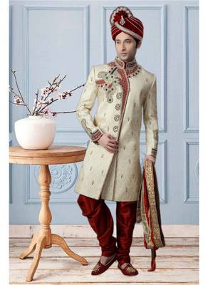 Off White Embroidered Jacquard Stitched Sherwani 2