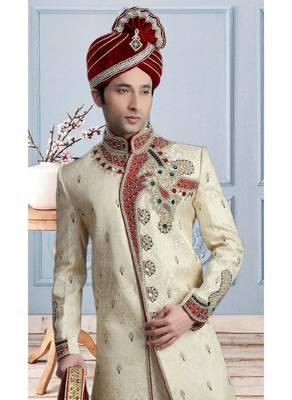 Off White Embroidered Jacquard Stitched Sherwani 3