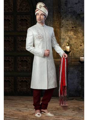 White Embroidered Jacquard Stitched Sherwani 2