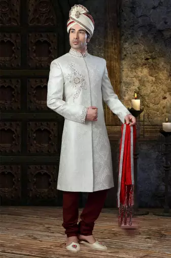 White Embroidered Jacquard Stitched Sherwani