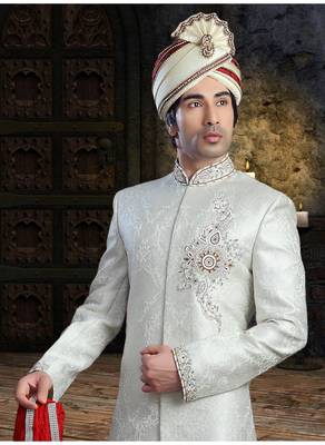 White Embroidered Jacquard Stitched Sherwani 3