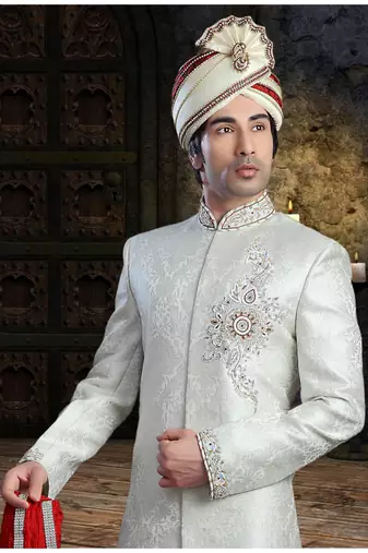 White Embroidered Jacquard Stitched Sherwani
