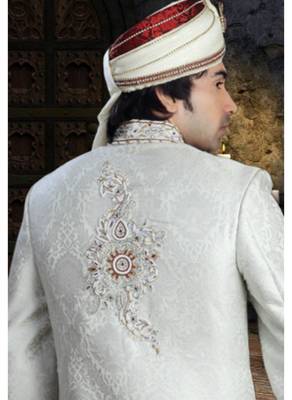 White Embroidered Jacquard Stitched Sherwani 4