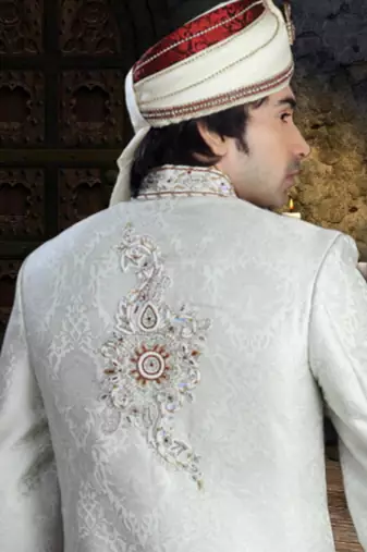 White Embroidered Jacquard Stitched Sherwani