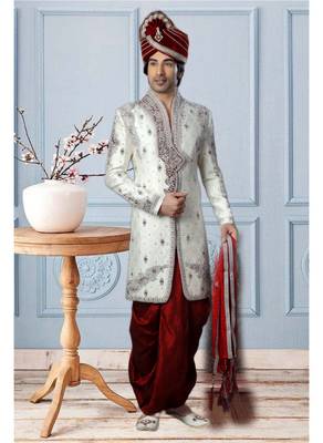 White Embroidered Jacquard Stitched Sherwani 2