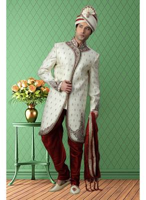 White Embroidered Jacquard Stitched Sherwani 2