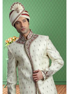 White Embroidered Jacquard Stitched Sherwani 3