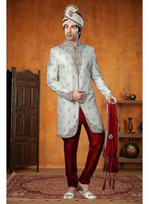 White Embroidered Jacquard Stitched Sherwani 2