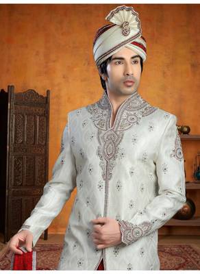 White Embroidered Jacquard Stitched Sherwani 3