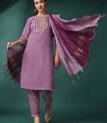 Purple Color Sequence Embroidered Silk Blend fabric Kurta Pant with Dupatta Set