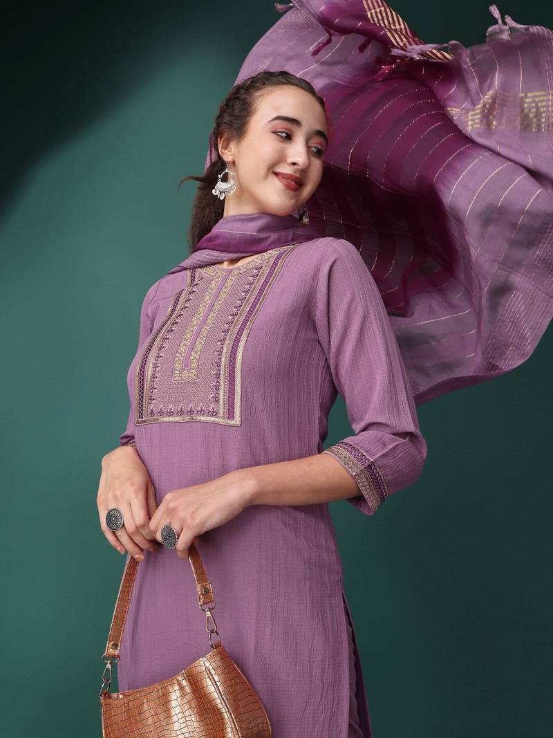 Purple Color Sequence Embroidered Silk Blend fabric Kurta Pant with Dupatta Set