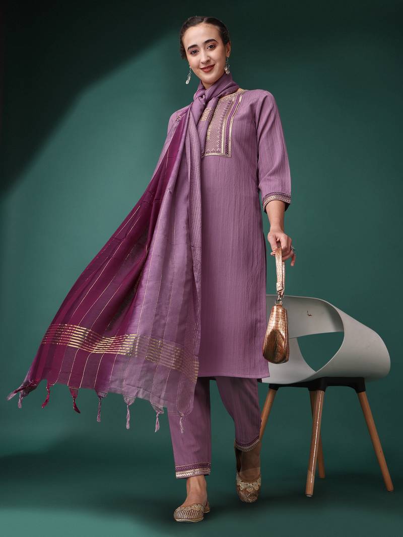 Purple Color Sequence Embroidered Silk Blend fabric Kurta Pant with Dupatta Set