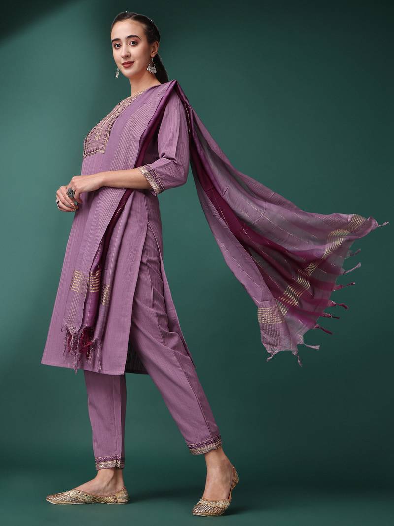 Purple Color Sequence Embroidered Silk Blend fabric Kurta Pant with Dupatta Set