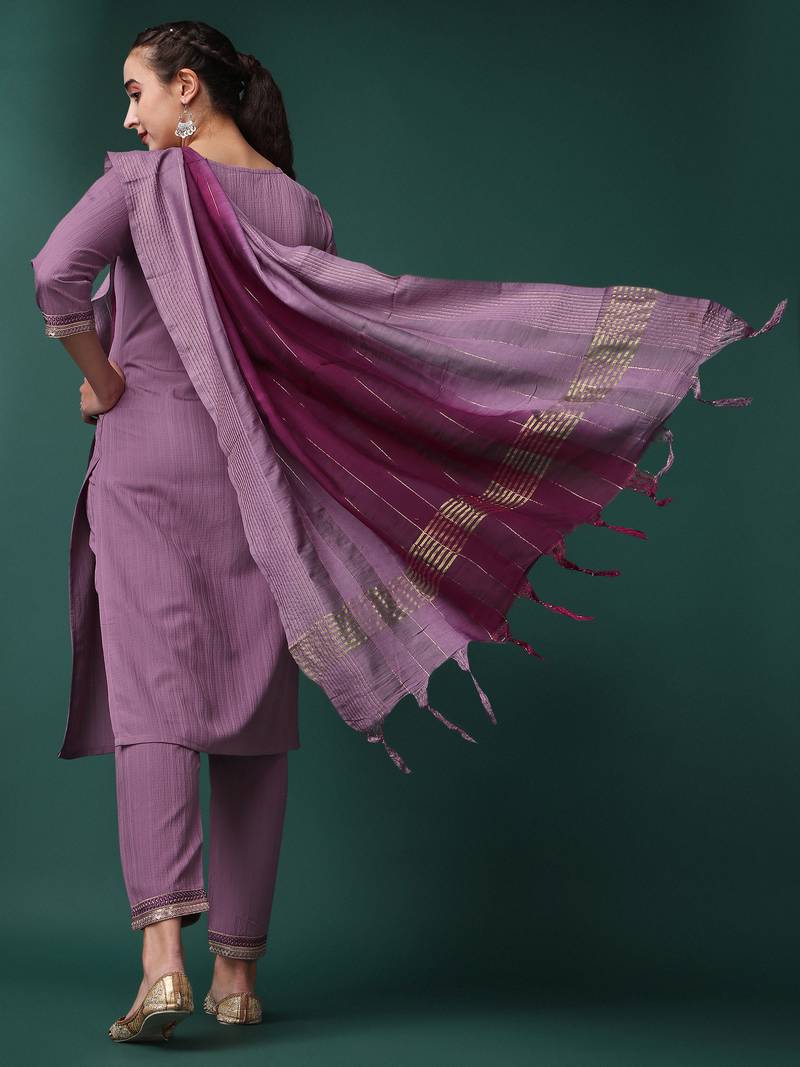 Purple Color Sequence Embroidered Silk Blend fabric Kurta Pant with Dupatta Set