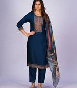 Peacock Blue Color Sequence Multi-Color Embroidered Viscose Rayon Blend fabric Kurta Pant with Dupatta Set