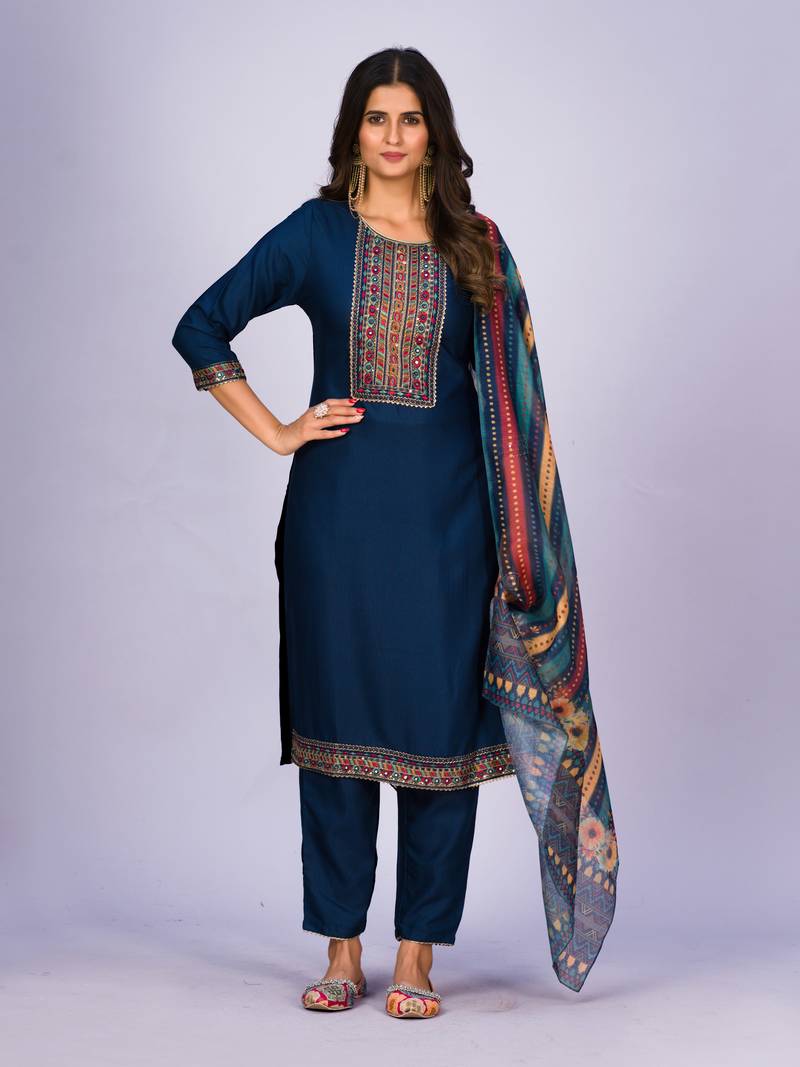 Peacock Blue Color Sequence Multi-Color Embroidered Viscose Rayon Blend fabric Kurta Pant with Dupatta Set