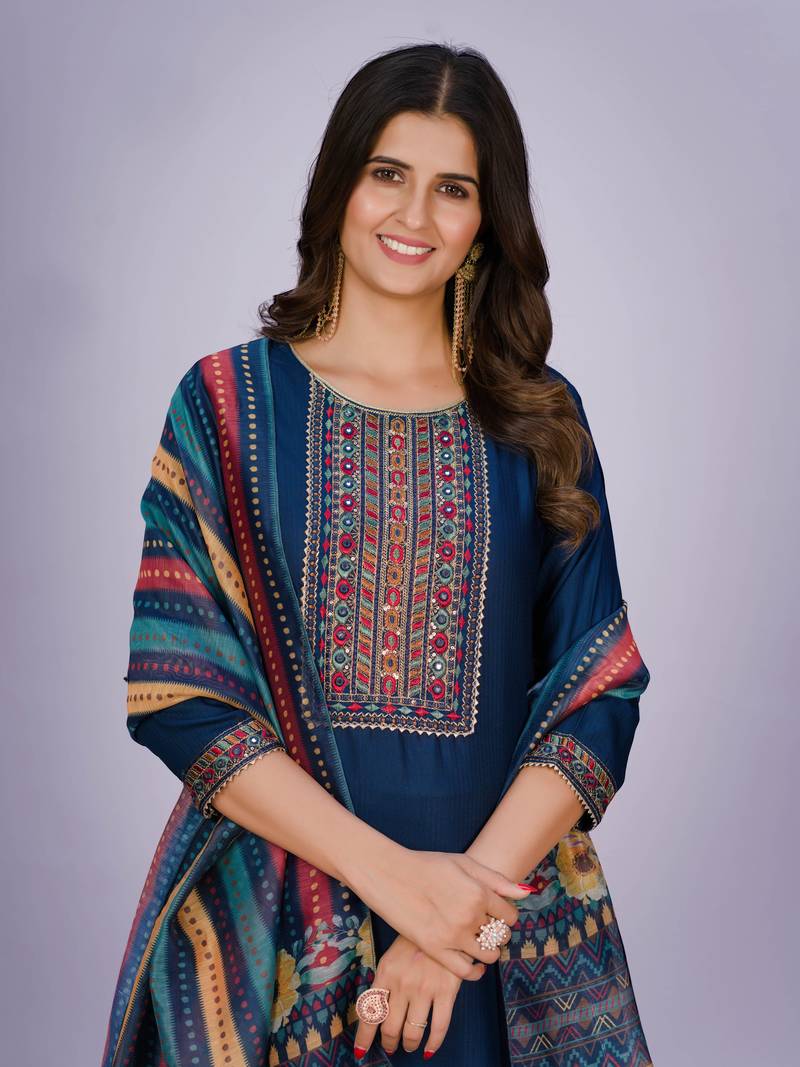 Peacock Blue Color Sequence Multi-Color Embroidered Viscose Rayon Blend fabric Kurta Pant with Dupatta Set