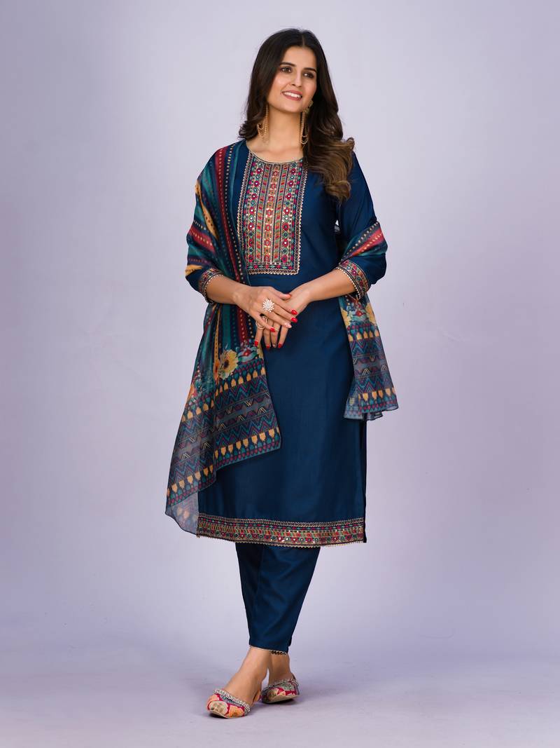 Peacock Blue Color Sequence Multi-Color Embroidered Viscose Rayon Blend fabric Kurta Pant with Dupatta Set