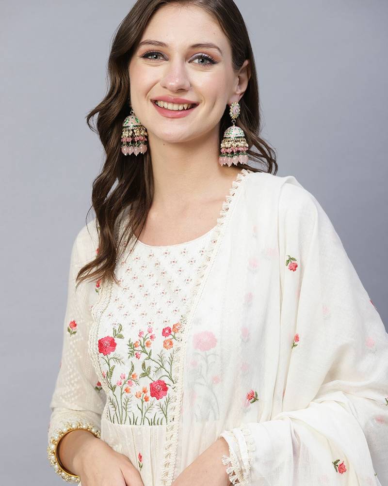 Off White Sequence Multi-Color Embroidered Viscose Rayon Blend fabric Kurta Pant with Dupatta Set
