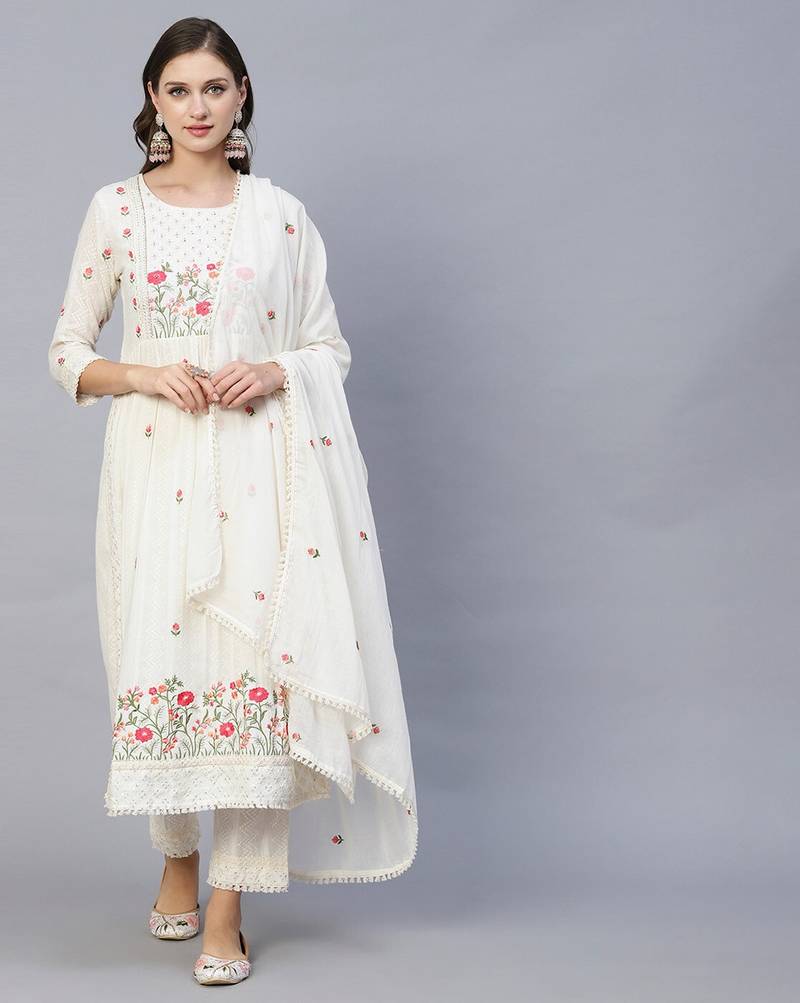 Off White Sequence Multi-Color Embroidered Viscose Rayon Blend fabric Kurta Pant with Dupatta Set