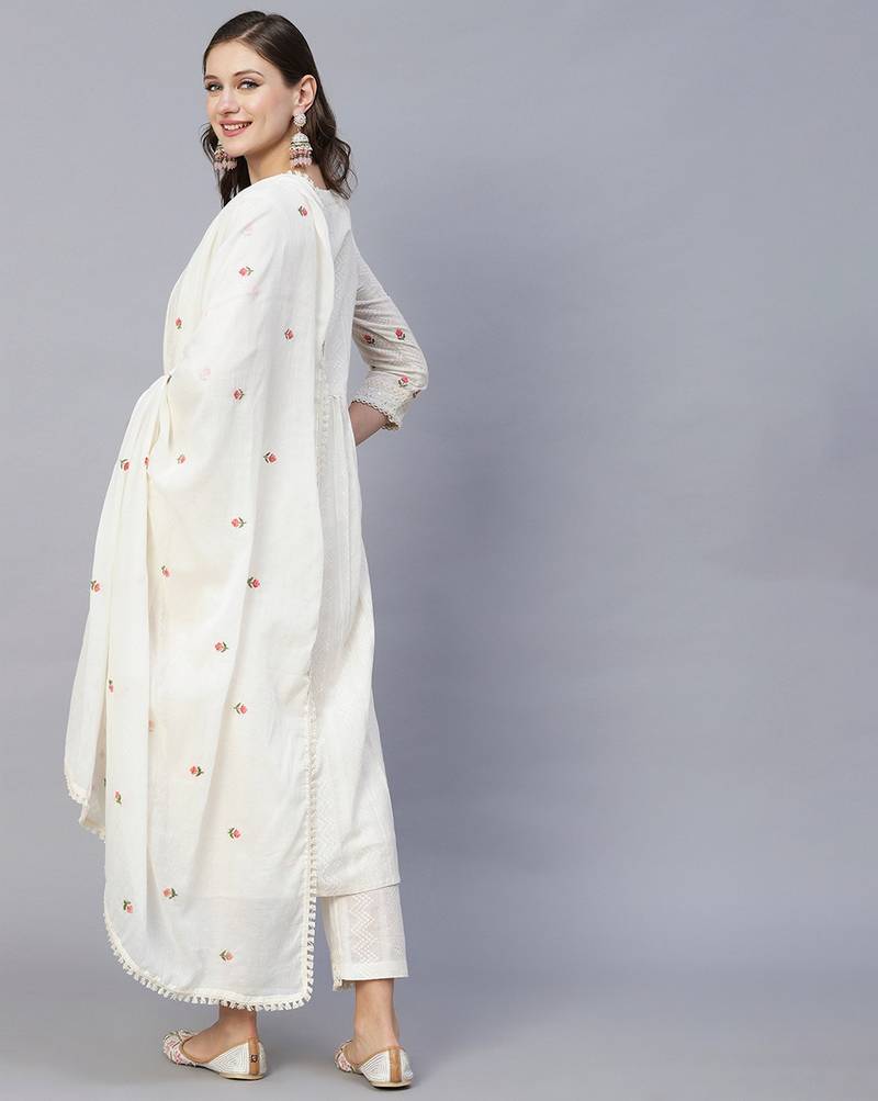 Off White Sequence Multi-Color Embroidered Viscose Rayon Blend fabric Kurta Pant with Dupatta Set
