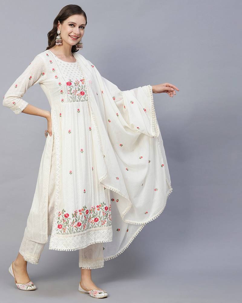 Off White Sequence Multi-Color Embroidered Viscose Rayon Blend fabric Kurta Pant with Dupatta Set