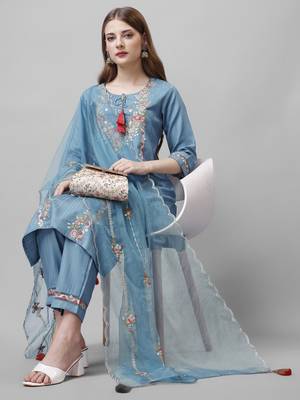 Sky Bluish Sequence Embroidered Viscose Rayon Kurta, Pant and Dupatta Set 1