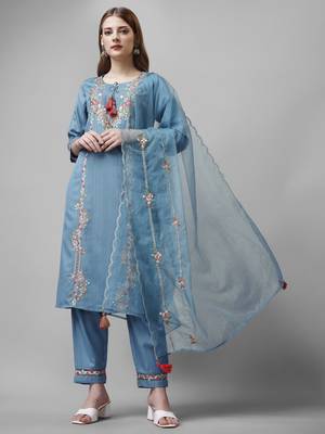 Sky Bluish Sequence Embroidered Viscose Rayon Kurta, Pant and Dupatta Set 2