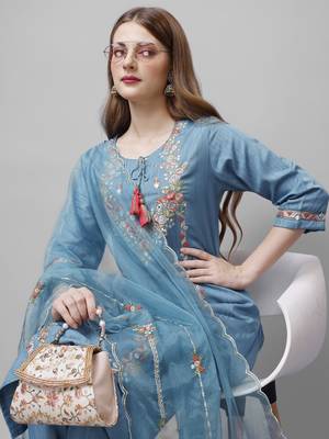 Sky Bluish Sequence Embroidered Viscose Rayon Kurta, Pant and Dupatta Set 3