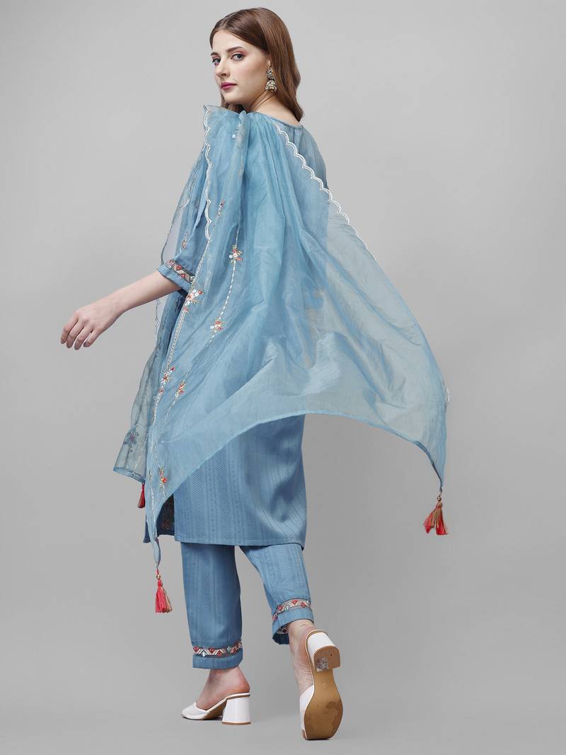 Sky Bluish Sequence Embroidered Viscose Rayon Kurta, Pant and Dupatta Set