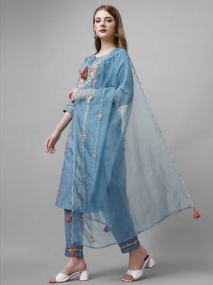 Sky Bluish Sequence Embroidered Viscose Rayon Kurta, Pant and Dupatta Set 5
