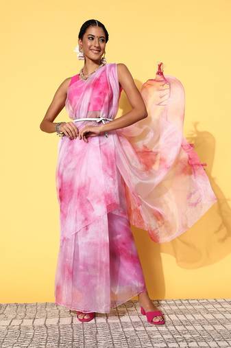 Pink Organza Printed Saree With Unstitched Blouse Piece