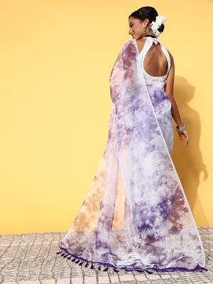 Purple Organza Printed Saree With Unstitched Blouse Piece 2