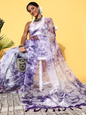 Purple Organza Printed Saree With Unstitched Blouse Piece 3