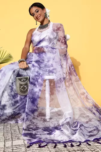 Purple Organza Printed Saree With Unstitched Blouse Piece
