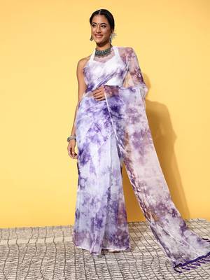 Purple Organza Printed Saree With Unstitched Blouse Piece 1