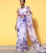 Purple Organza Printed Saree With Unstitched Blouse Piece