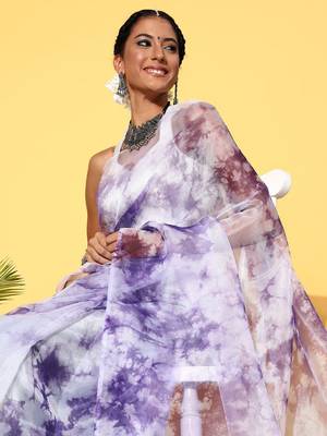 Purple Organza Printed Saree With Unstitched Blouse Piece 4