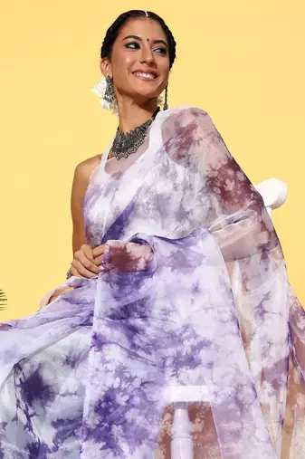 Purple Organza Printed Saree With Unstitched Blouse Piece