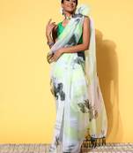 White Organza Printed Saree With Unstitched Blouse Piece