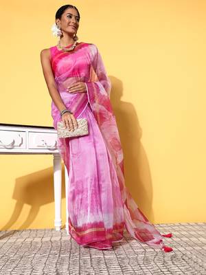 Pink Organza Printed Saree With Unstitched Blouse Piece 1