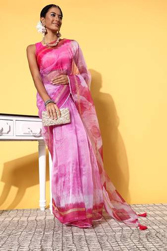 Pink Organza Printed Saree With Unstitched Blouse Piece