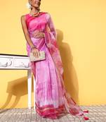 Pink Organza Printed Saree With Unstitched Blouse Piece
