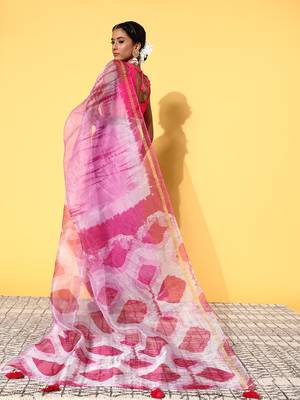 Pink Organza Printed Saree With Unstitched Blouse Piece 2