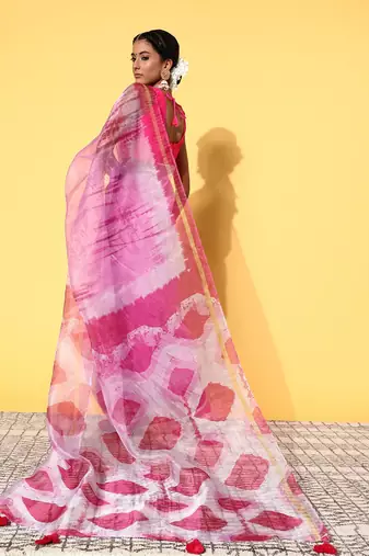 Pink Organza Printed Saree With Unstitched Blouse Piece