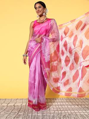 Pink Organza Printed Saree With Unstitched Blouse Piece 3