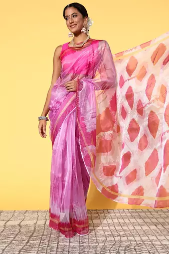 Pink Organza Printed Saree With Unstitched Blouse Piece