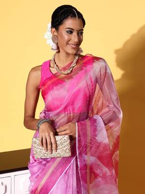 Pink Organza Printed Saree With Unstitched Blouse Piece 4