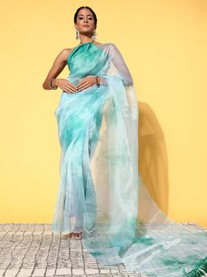 Turquoise Organza Printed Saree With Unstitched Blouse Piece 1