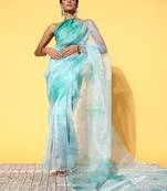 Turquoise Organza Printed Saree With Unstitched Blouse Piece